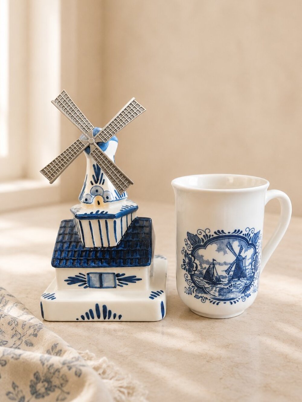 Vintage Delft Blue Pottery Musical Windmill & Churchill England Coffee Mug Set